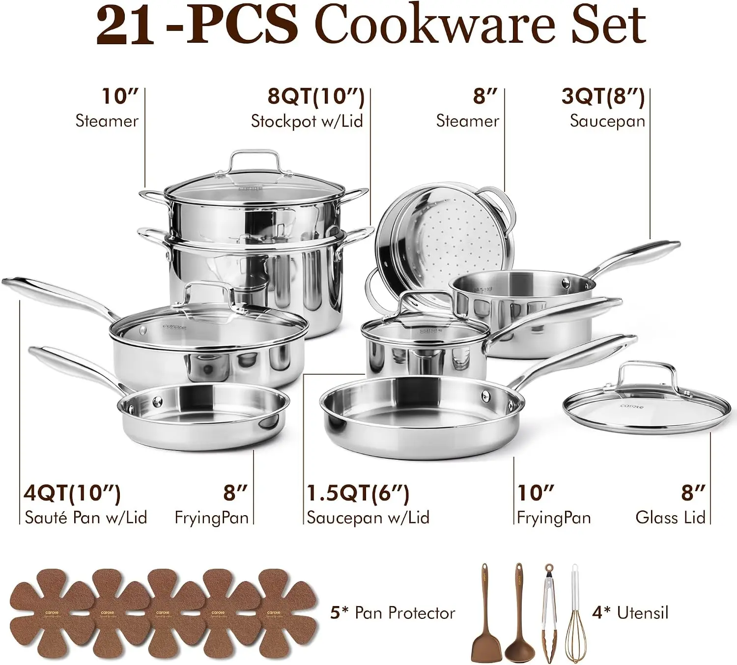 21pcs Tri Ply Stainless Steel Cookware Set Pots Pans Non Toxic Induction Kitchen Cooking Collection Silver