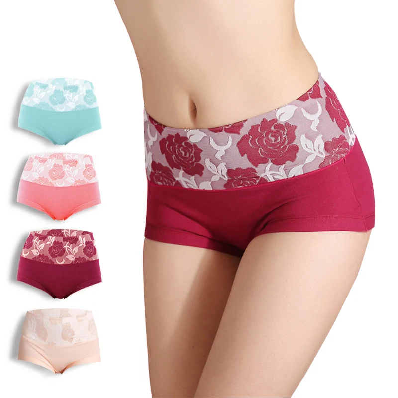 4Pcs/Set High Waist Cotton Panties Women Body Slimming Underwear Print Girls Briefs Sexy Ladies Underpants Female Lingerie