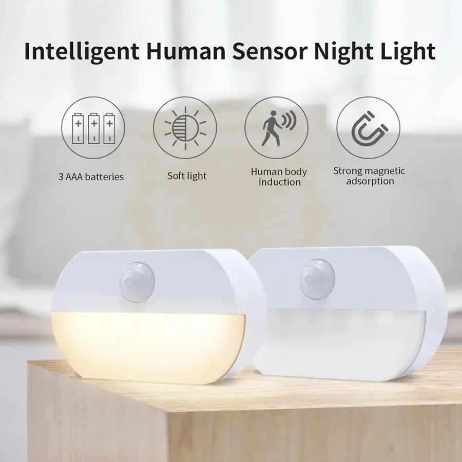 1pc Motion Sensor Night Light AAA Battery Powered Lamp Cabinet Kitchen Lights Wall Stair Closet Aisle Bedroom Night Lamp