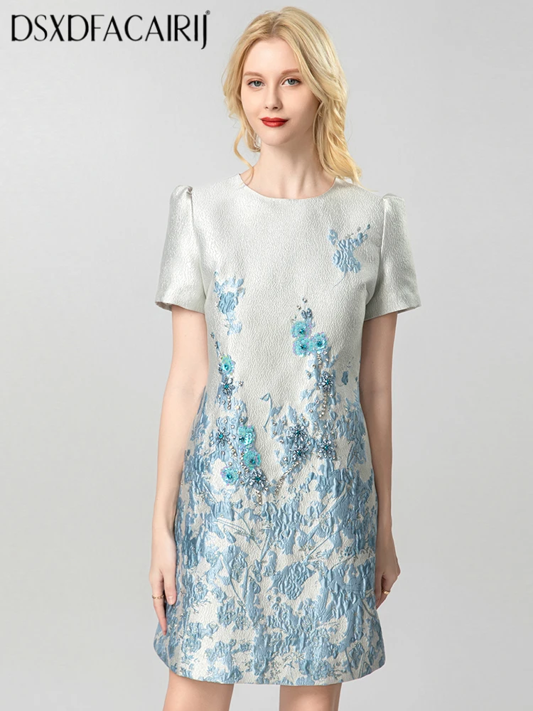 

DSXDFACAIRIJ Women's Vintage Mini Dress O-Neck Short Sleeve Crystal Diamonds Sequins Jacquard Fashion Summer Short Dresses