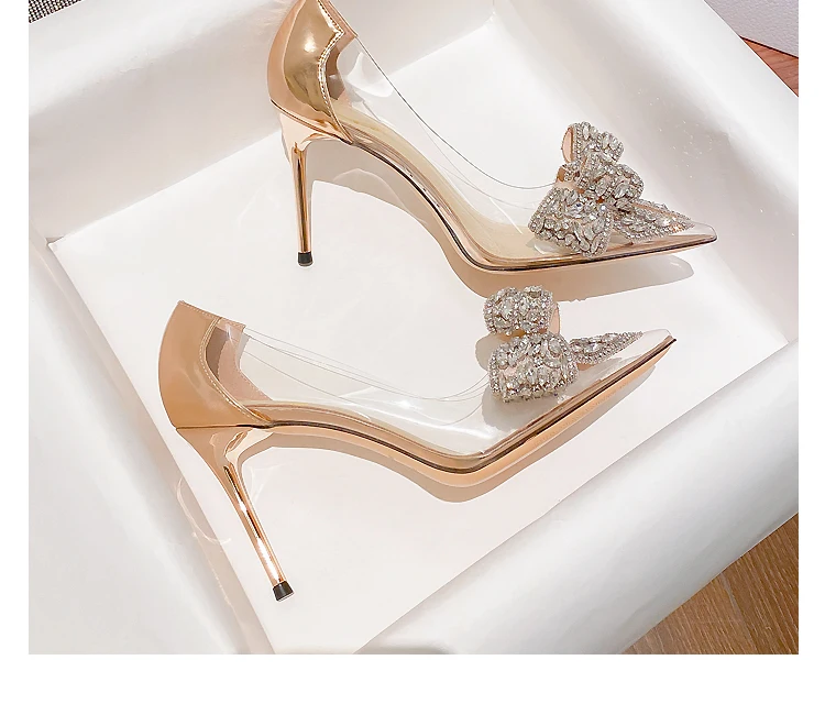 Pointed toe stiletto women\'s high heels women\'s shoes fashion women\'s shoes wedding shoes high heel 8cm transparent bow gemstone