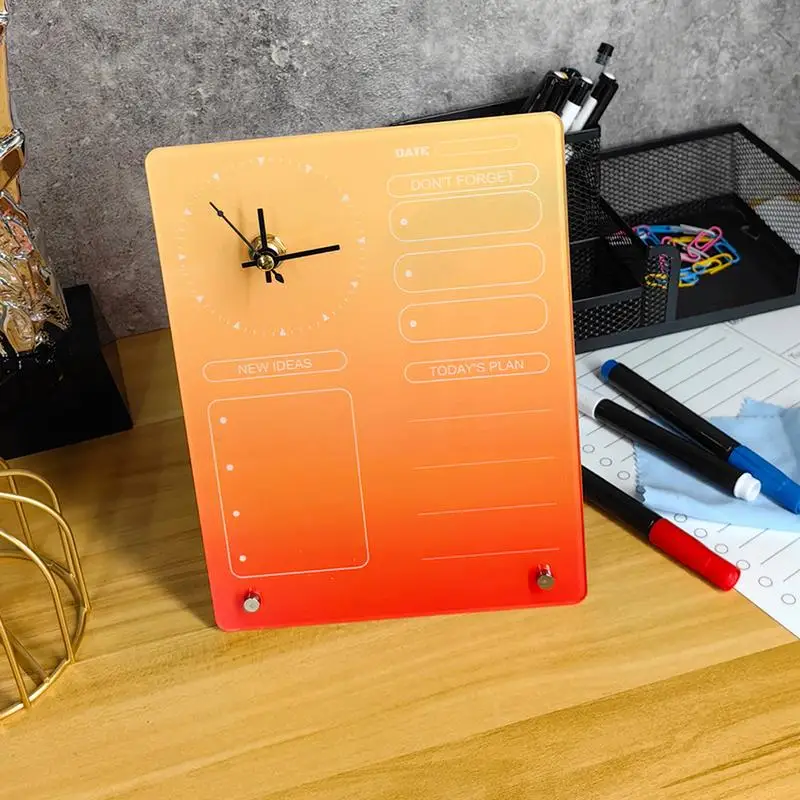 Desktop Note Board Acrylic Dry Erase Board Clock With Rag And 3 Different Color Pens Planner Notepad