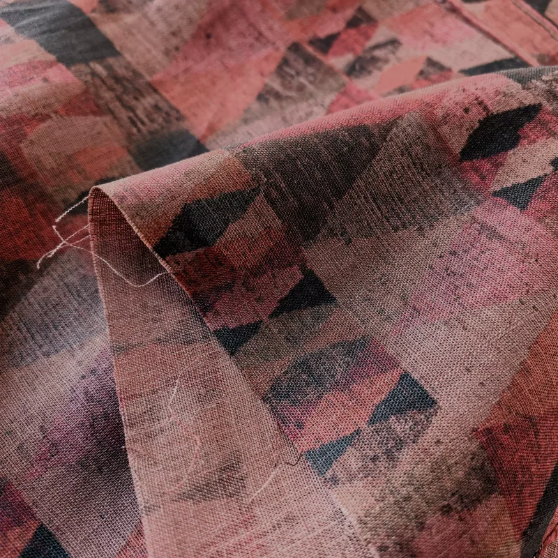 Red Brown Printed Pure Linen Fabric for Hand Sewn Clothing And DIY Sewing Projects