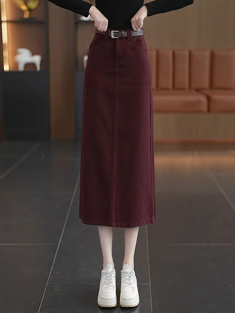 

High Waist Midi A-Line Slit Denim Skirt Women Spring Autumn New Style Red Skirt Korean Style Casual Cotton Polyester Blend