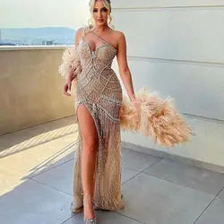 Sexy One Shoulder Crystal Evening Dresses Mermaid Feathers Cape High Split Floor Length Dinner Party Gown