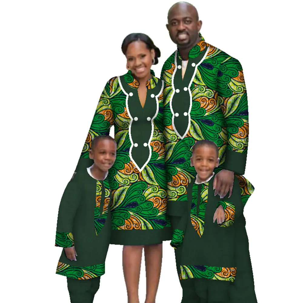 

Casual Family Matching Clothes Father Mother Son Long Sleeve Men Top and Pants Sets Women Dress African Print Clothing WYQ117