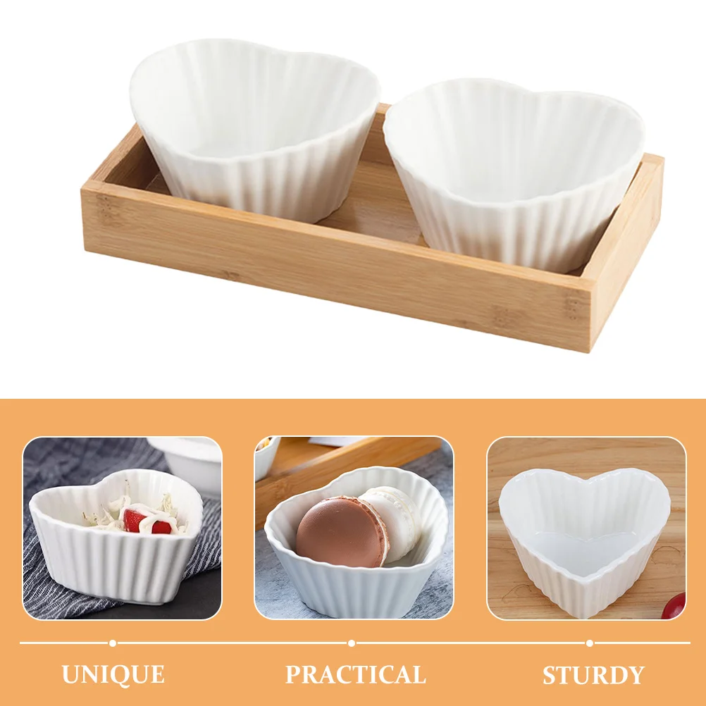 

1Set Heart Style Ceramic Snacks Plate Bamboo Tray Household Serving Food Tray Ceramic Snack Dish Fruit Dish