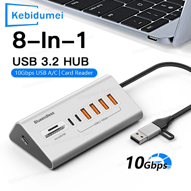Multi USB 3.2 Docking Station 8/7 Ports Hub 10Gbps Type C Splitter  Aluminum Alloy Adapter With SD/TF Card Reader For PC Laptop