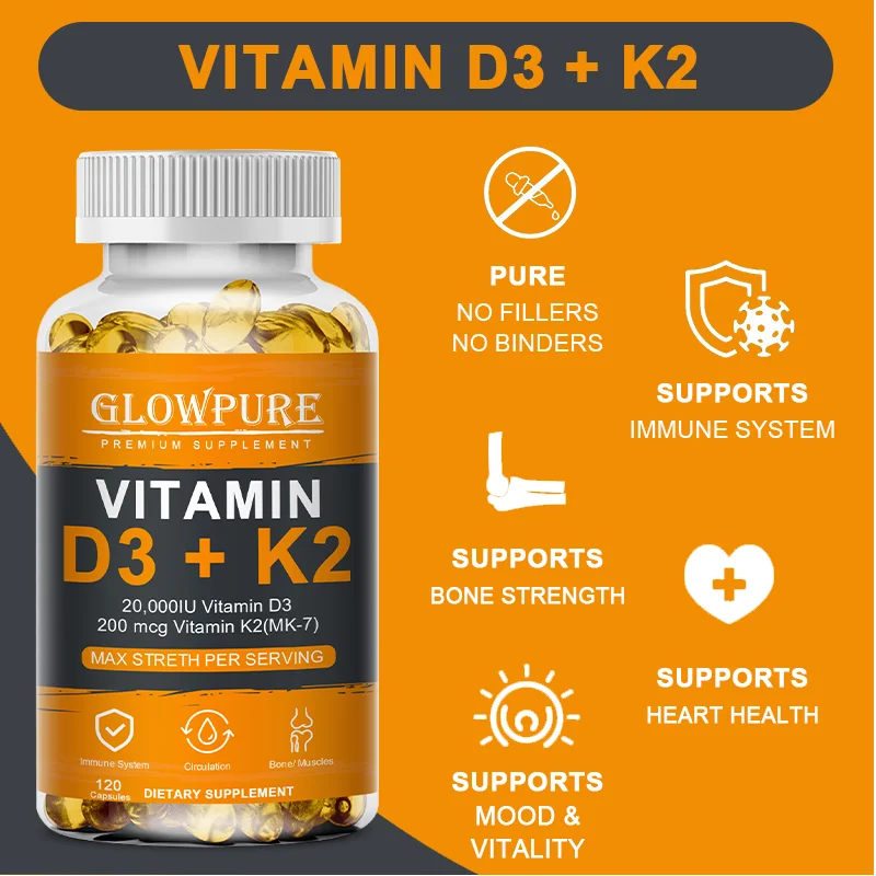 Vitamin D3 K2 Capsule - 20,000 IU Vitamin D3 Promotes Strong Bones, Calcium Absorption, Teeth, Heart, Cardiovascular Health