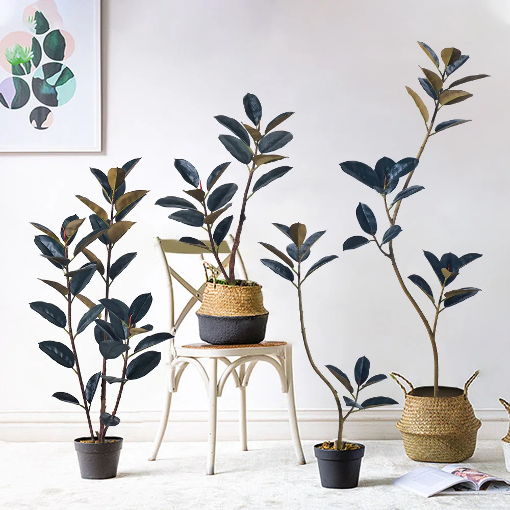 

Black Rubber Tree Fake Plant Wabi Sabi Style Indoor Luxury Faux Greenery Floor Decor
