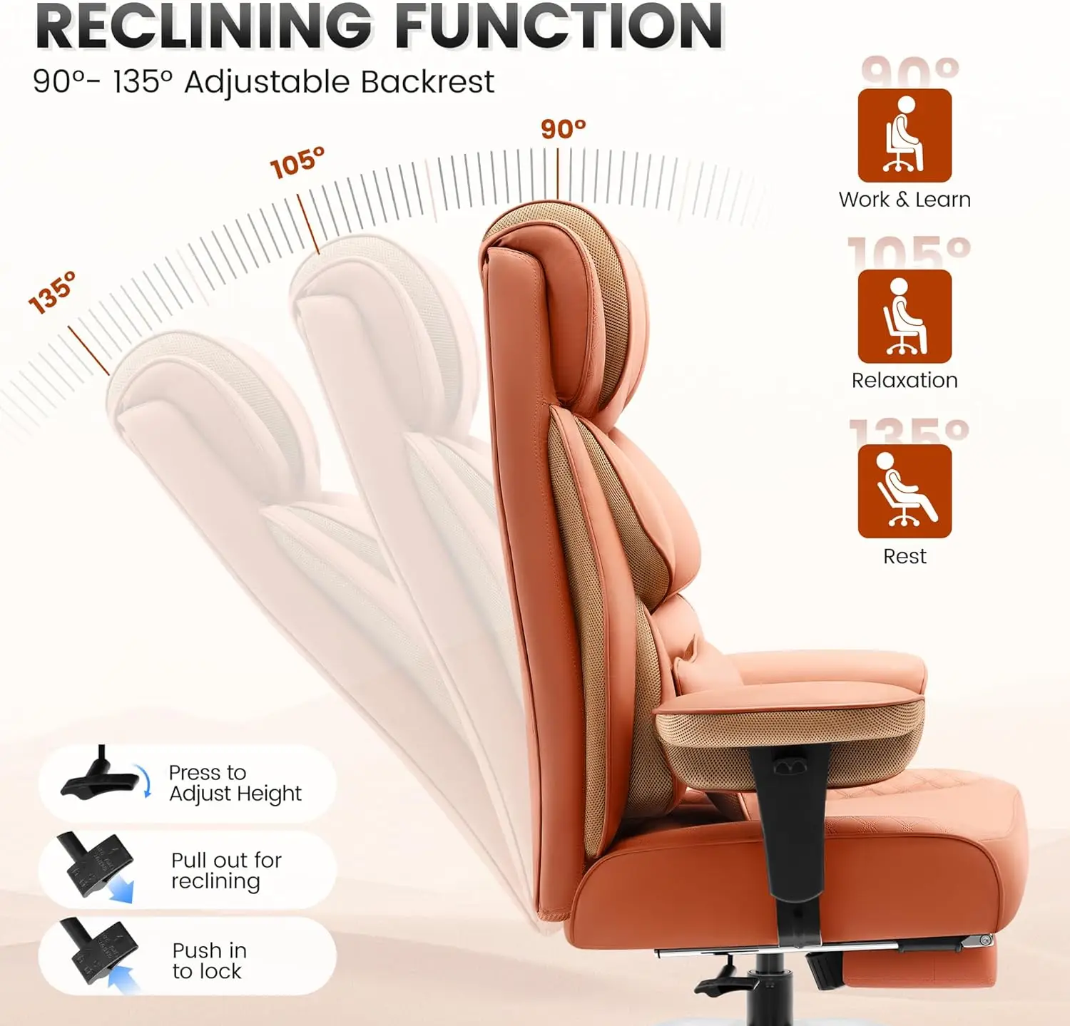 كرسي ألعاب جلدي كبير وطويل مع مسند للقدمين، كرسي مكتب مريح عالي الظهر، بني #6