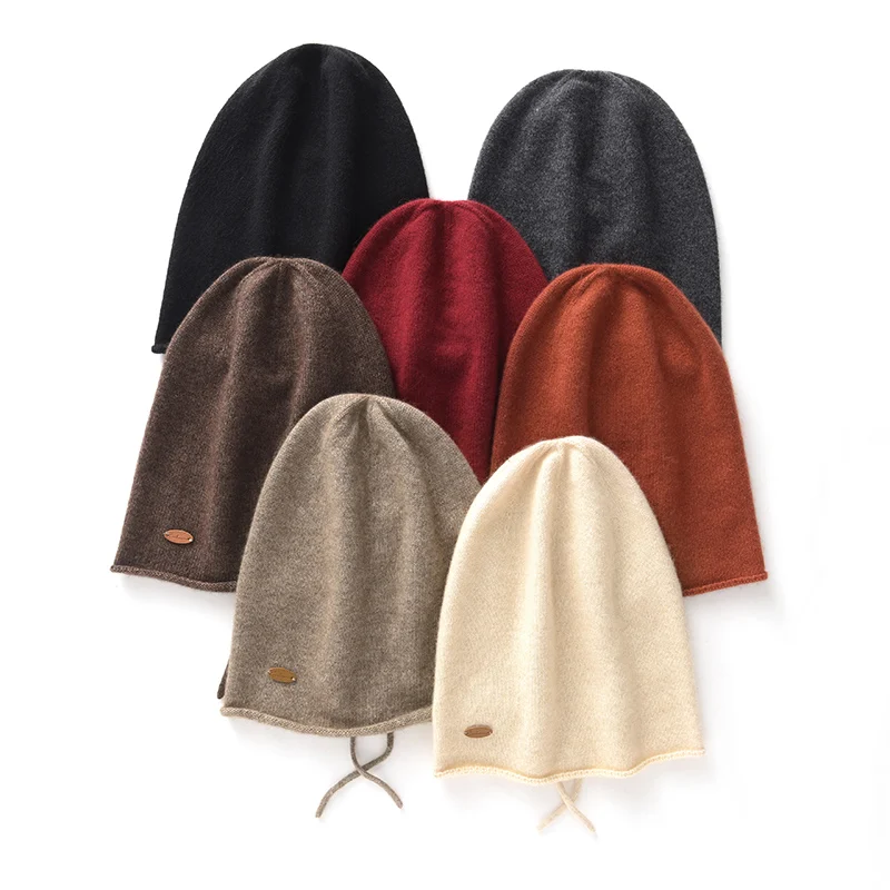Women's 100% Cashmere Hat Warm Knitted Solid Color Autumn Winter Street Style with Drawstring Ear Protection Versatile Rolled Ed