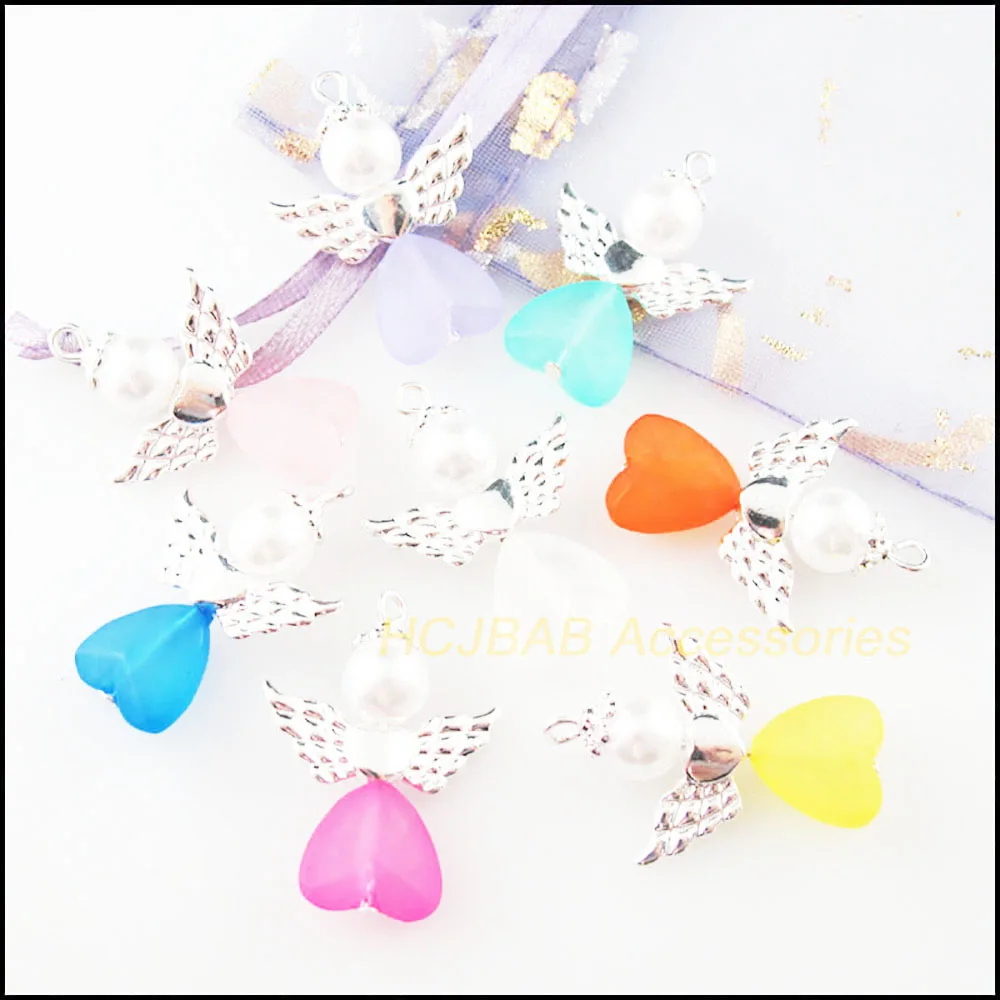 8Pcs New Charms  Tibetan Silver Color Mixed Crystal Acrylic Angel Wings Pendants DIY J049