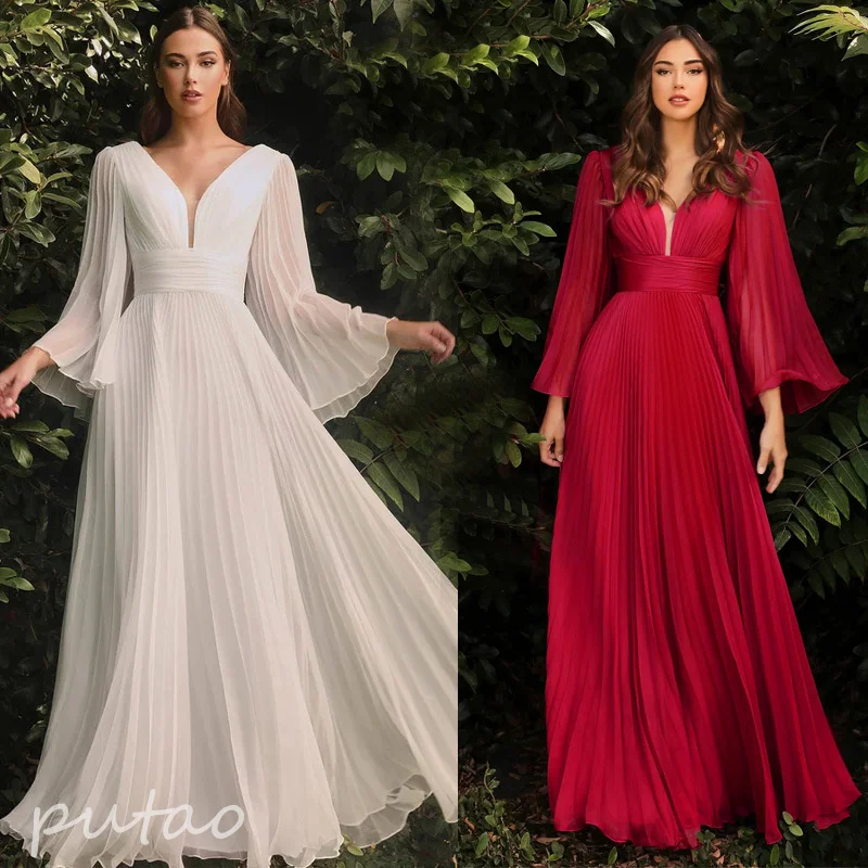 PuTao Simple Ivory Chiffon Prom Dress Elegant V-Neck Pleat Long Sleeve A-Line Floor Length Evening Robe De Soirée Femme 2024