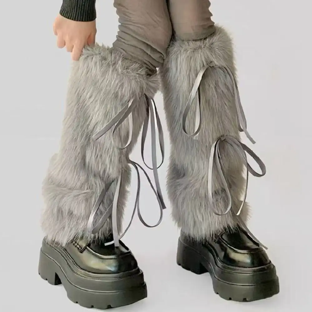 

Thickened Faux Fur Furry Leg Warmers Y2k JK Lace Up Leg Warmers Warm Foot Cover Boot Cover Women