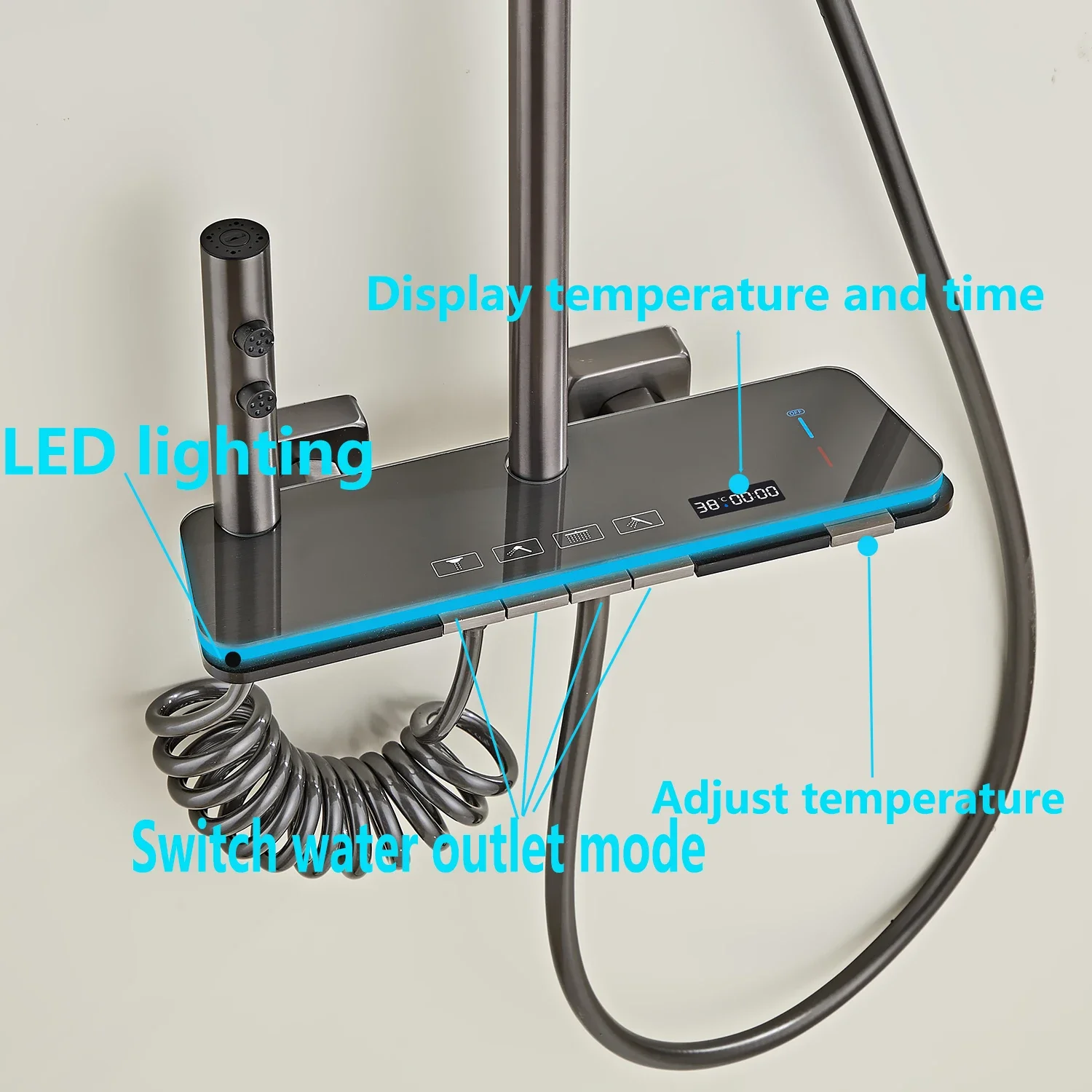 Display Shower Faucet Set Rainfall LED 4 Ways Water Outlet Bathtub Tap Cold and Hot Water Flow Produces Electricity