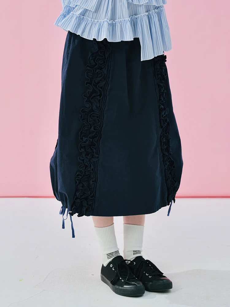 

imakokoni Japanese Tibetan Blue Skirt 2025 Spring Cotton Fashion Versatile Lace Design High Waist Skirt 244966