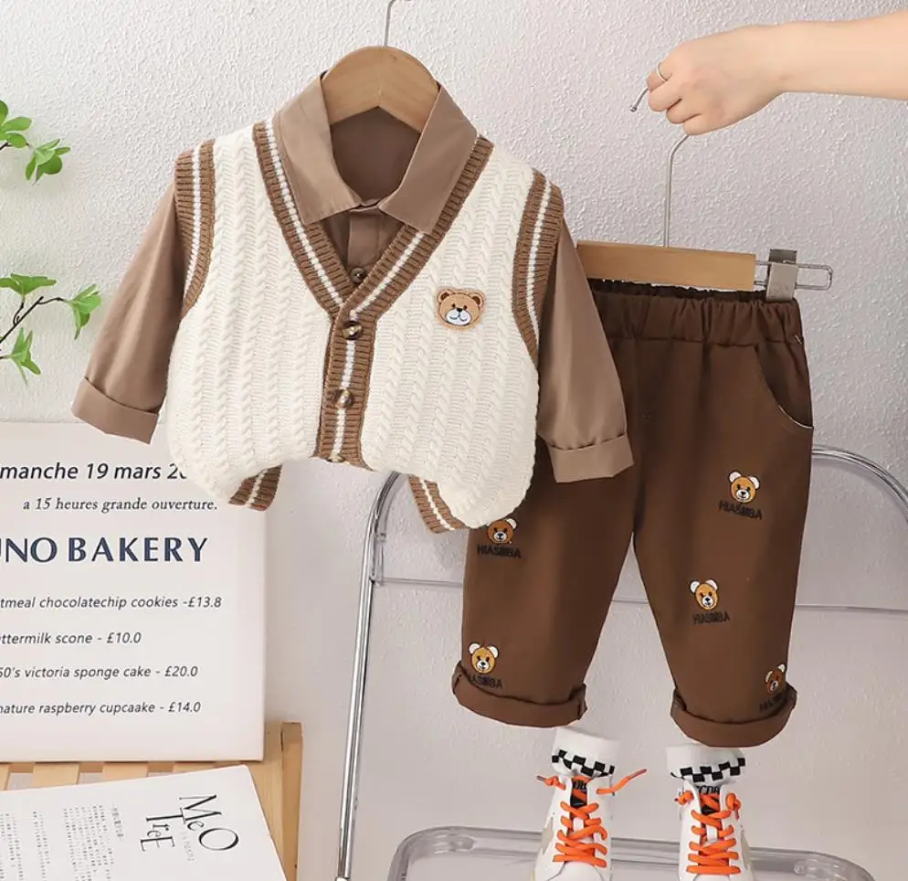 

Korean Style Children Suits 1 To 5 Years Spring Autumn V-neck Bear Sweater Vest+Shirts+Pant Toddler Boys Sets Kids Baby Clothes