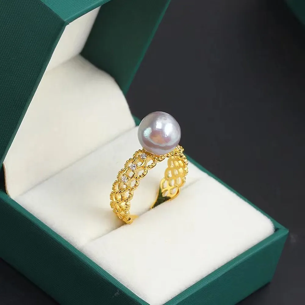 DIY Pearl Ring Accessories S925 Sterling Silver Ring Empty Holder Cutout Gold Silver Jewelry Set Fit 8-10mm Round Z198