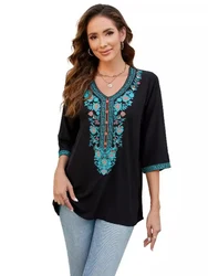 KHALEE YOSE Black Floral Embroidery Blouses Shirt V-neck Loose Ukraine Summer Boho Hippie Boho 23xl Ethnic Chic Shirt Women Top