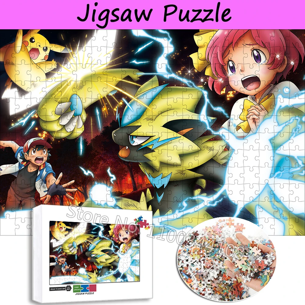 300-500-1000-ピースピカチュウファイト木製パズルポケモンキャラクタージグソーパズル大人の減圧ゲーム子供の手作りおもちゃ