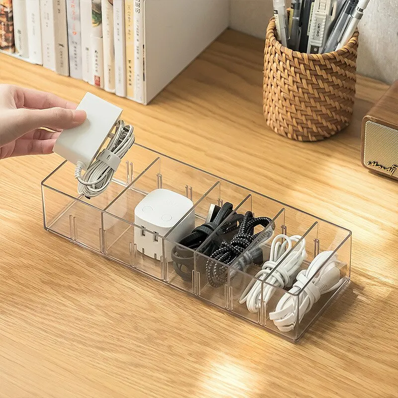 1pc Transparent Plastic 7Grids Desktop Data Cable Storage Box MobilePhone Charger Charging Cable Finishing Box Divided Grid Box