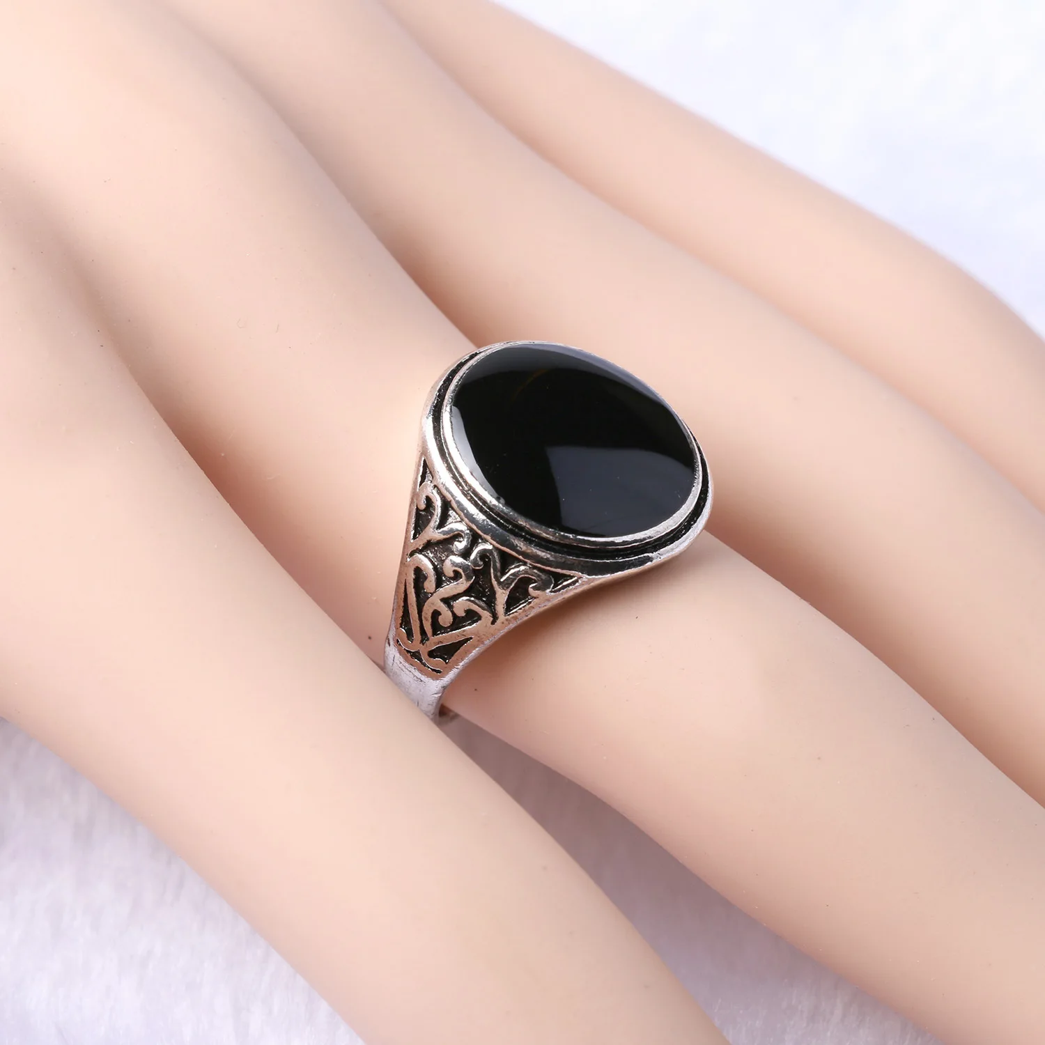 Anel de resina preta jóias masculinas punk palavra padrão vintage anéis de casamento chapeamento prata 31037