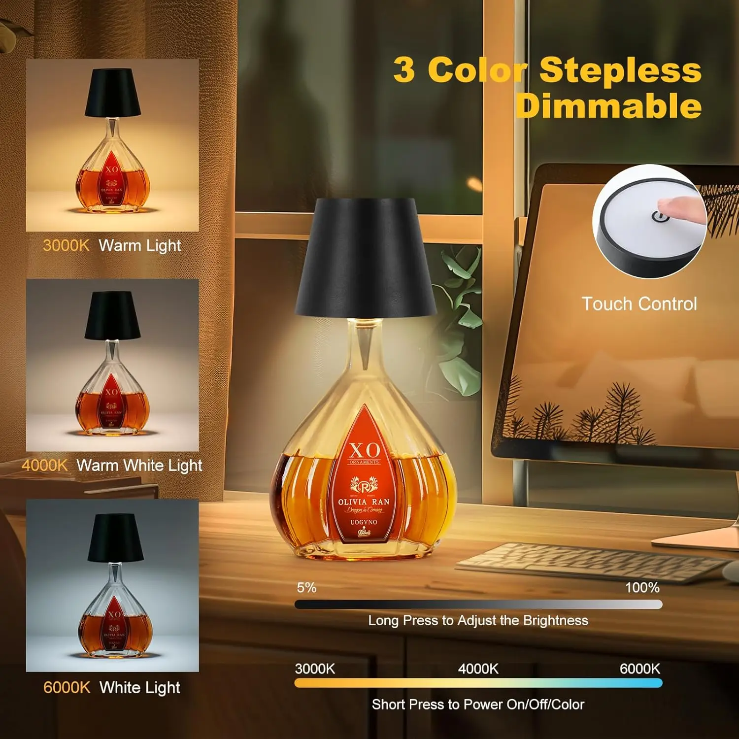 

Wine Bottle LED Wireless Table Lamp 3 Colors Metal Dimmable USB Rechargeable Dining Table Lights Beverage Lamp Top touch