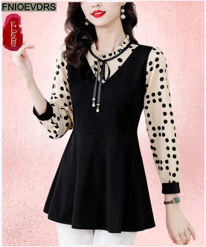 M-5XL 2023 Women Winter Spring Basic Wear Elegant Office Lady Loose Casual Black Ruffles Tunic Peplum Tops And Blouses