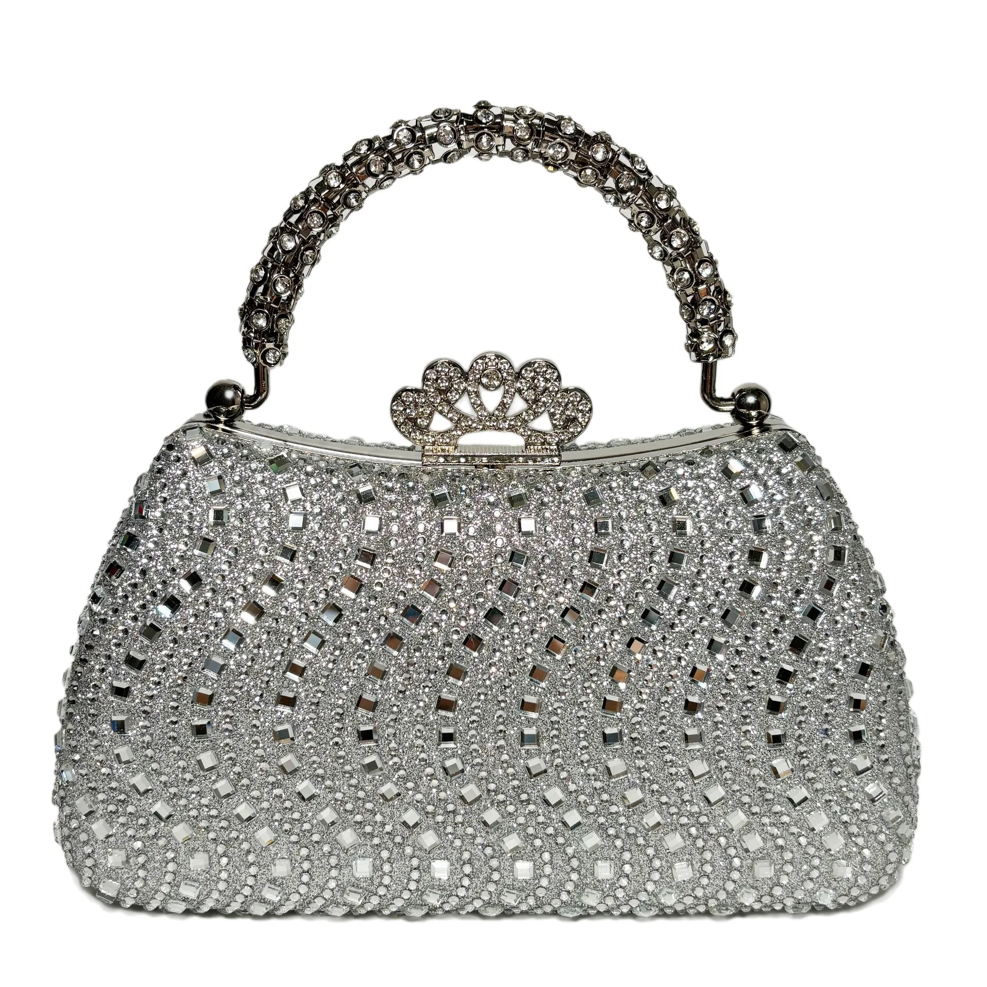 2026 Silver Grey Full Rhinestone Evening Handbag, Crown Shape Clasp Curved Handle Purse, Wedding Banquet Bag For Mid Age Ladies