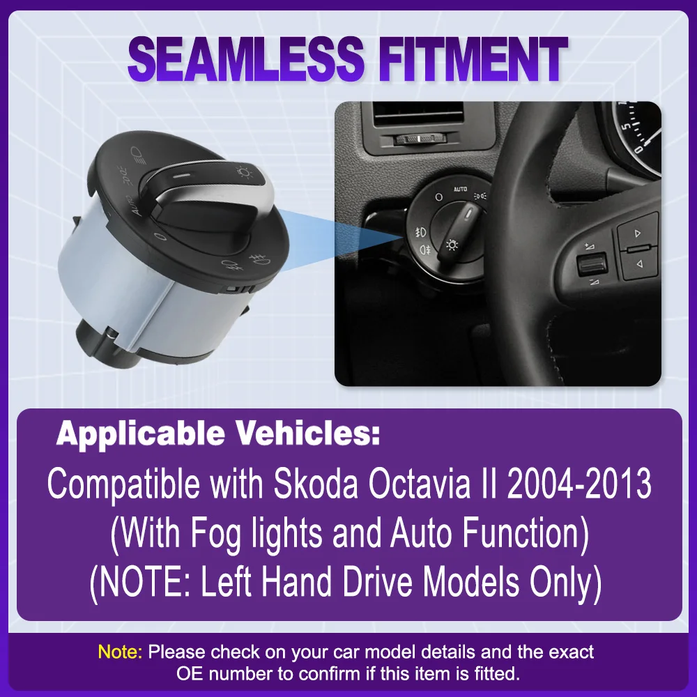 

Headlight Control Switch Fog Light Knob with Auto for Skoda Octavia II 2004 2005 2006 2007 2008 -2013 LHD 1Z0941431K 1Z0941431J