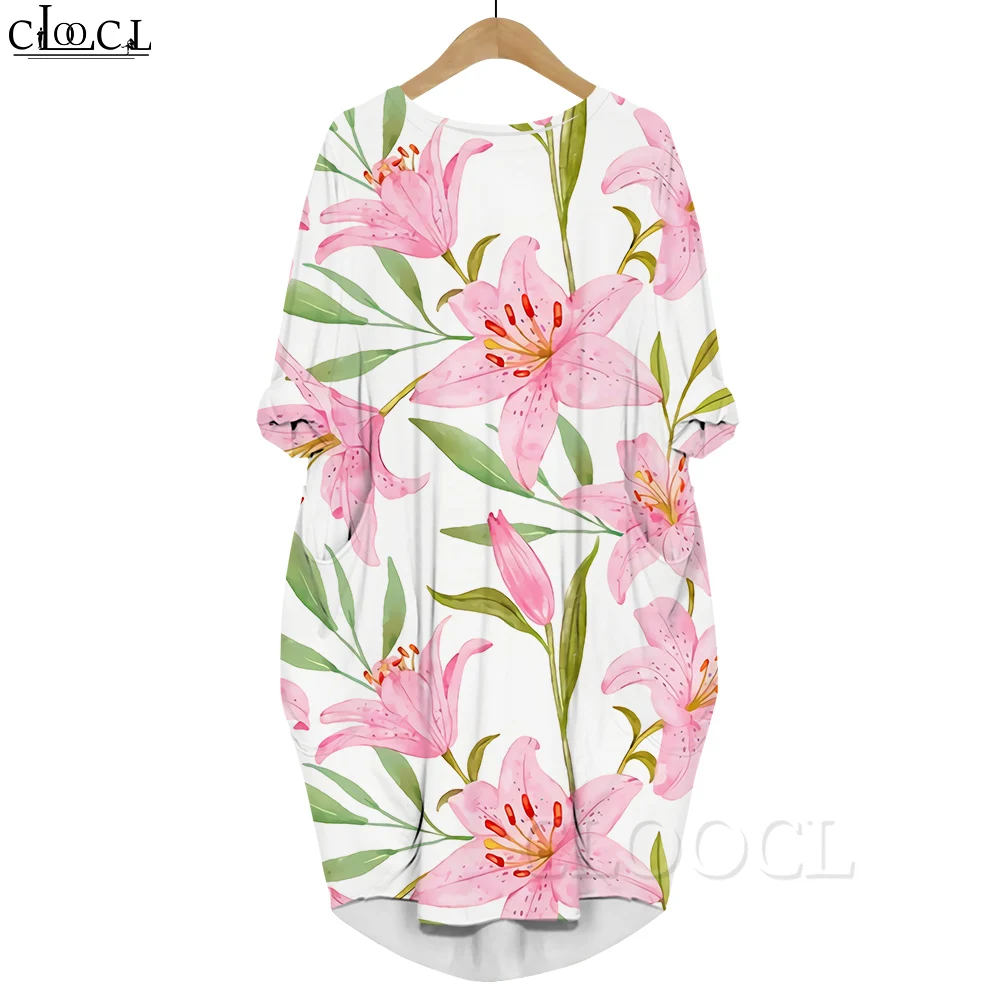 

CLOOCL Women Dress Pink Lily 3D Printed Dress Long Sleeve Pocket Dress Round Neck Loose Robes Knee-Length Dresses Elegant Style