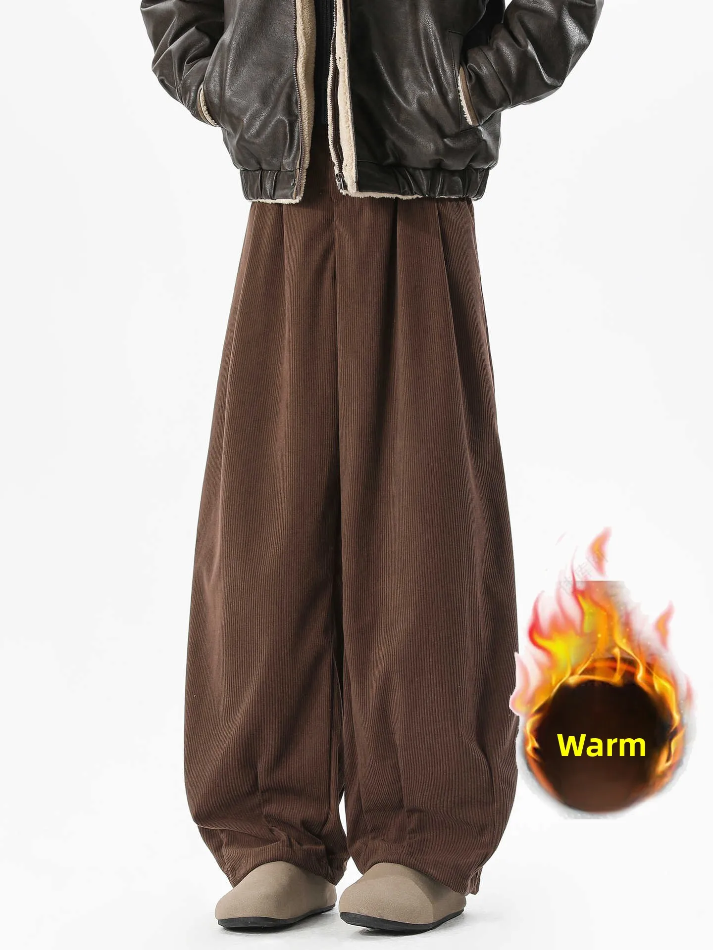 

Thiened Fce Lined Wide Leg Pants Men's Loose Casual Trousers American Sle Cotton Polyester Blend Winter Warm Pants
