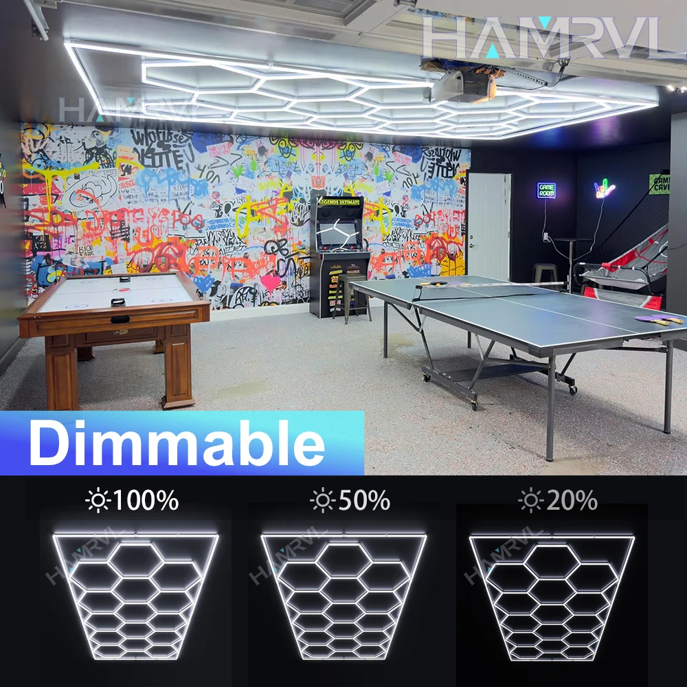 

Dimming Honeycomb Hexagon LED Ceiling Light 110-240V 6500k for store Garage, Gym, Showroom, and Auto Detailing Workshop