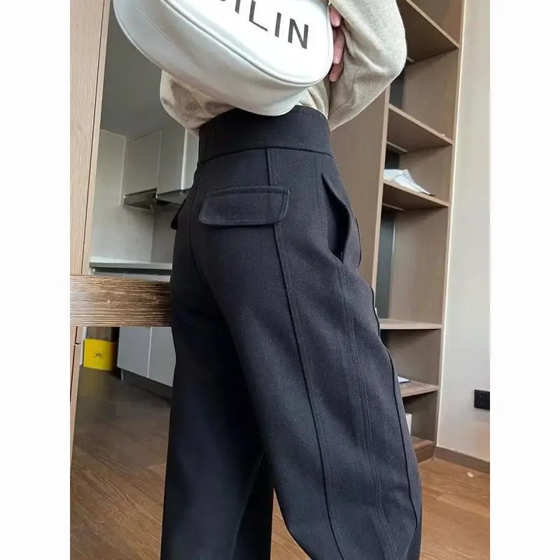 Coreano autunno inverno nuovo addensare banana falce pantaloni donna tasche con cerniera solida vita alta moda pantaloni dritti a gamba larga