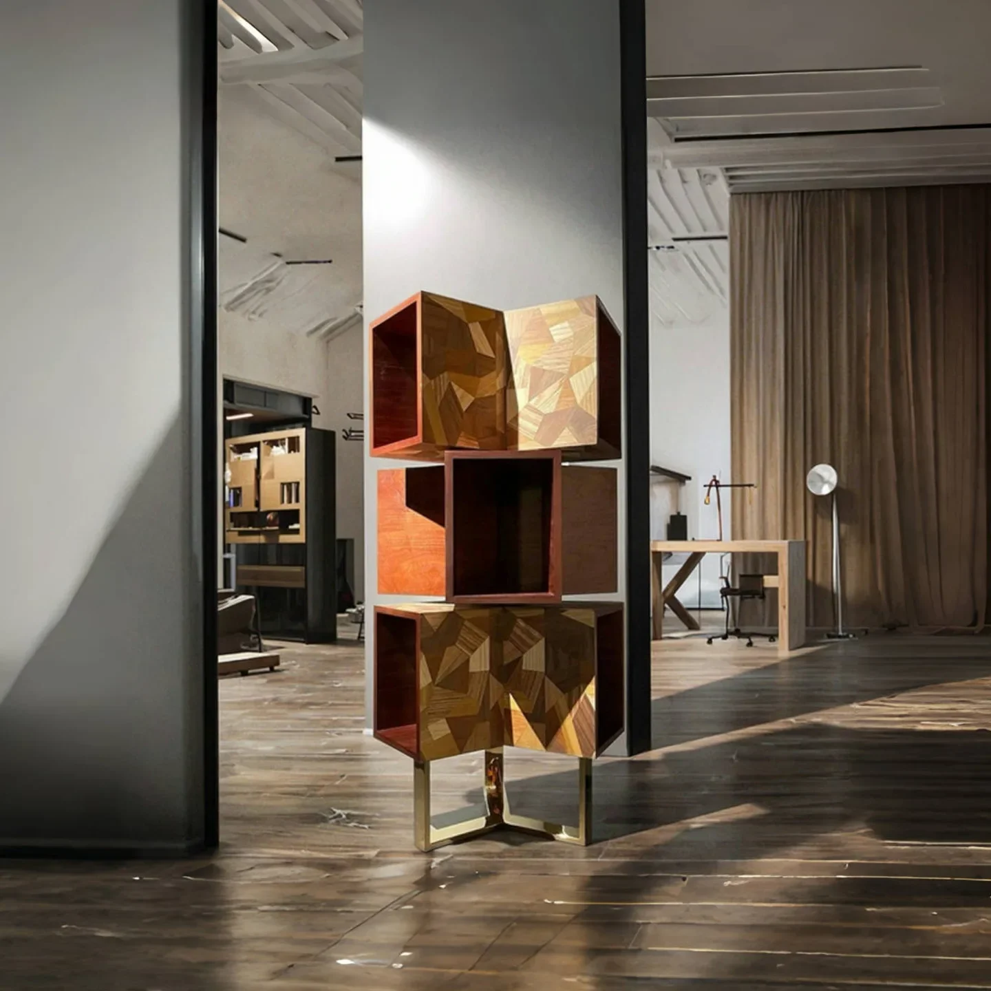 رف كتب دوار من الخشب الصلب الإيطالي خفيف فاخر بتصميم راقي وخزانة تخزين معدنية مفتوحة