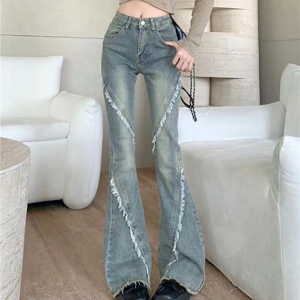 

Повседневные брюки Bootcut Брюки Bootcut Рваные брюки 2XL Синие брюки с высокой талией Слегка эластичная ткань Мода для поездок на работу