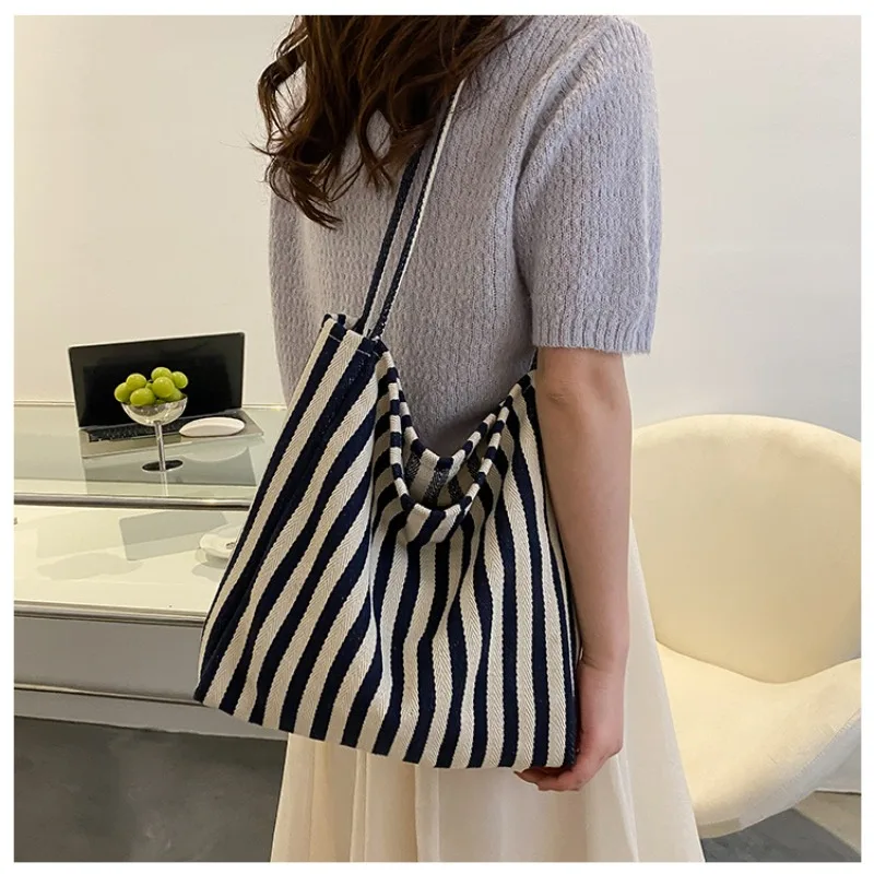 Korean Style Women's Bag Vintage Minimalist Small Tote Bags for Women Strip Shoulder Bag Large-capacity Shopping Bag
