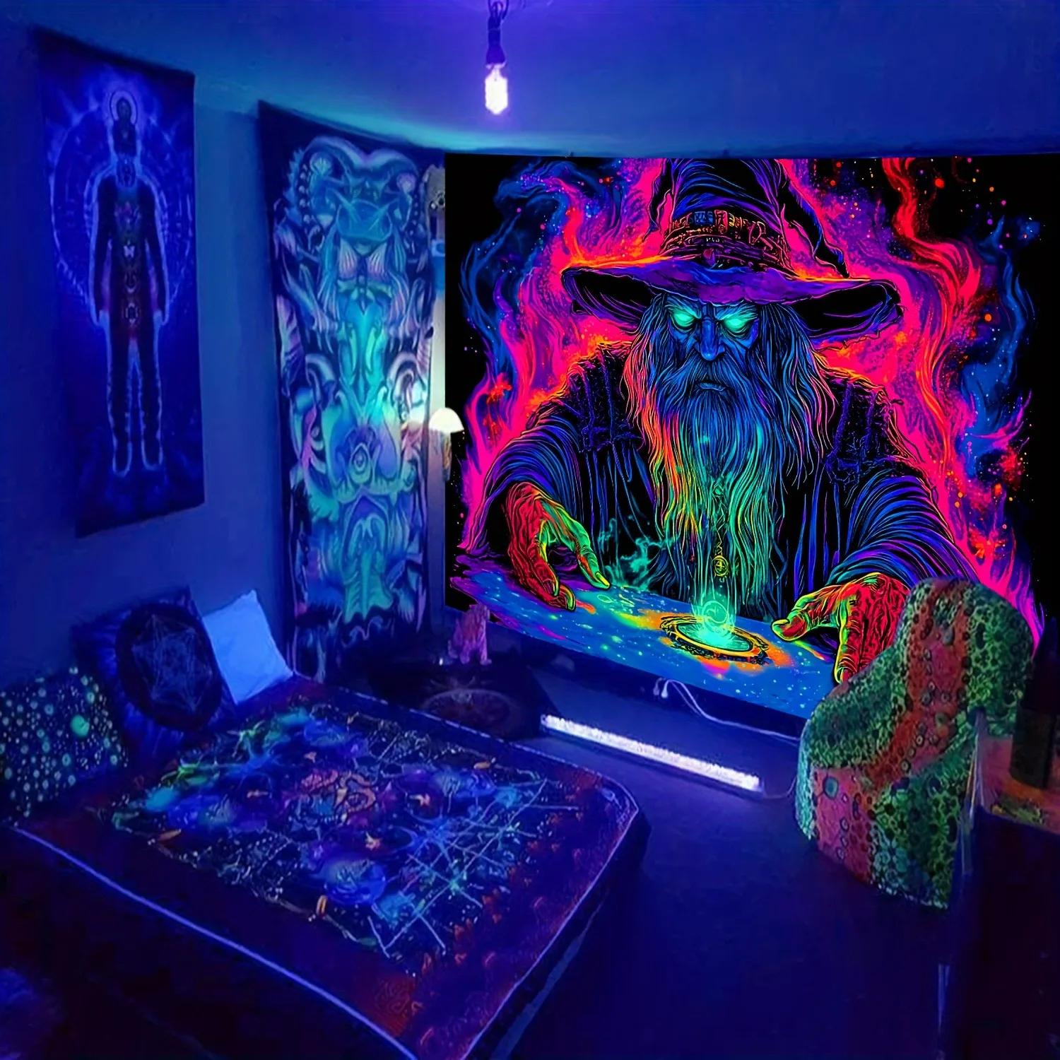 Mysterious Wizard Fluorescent Tapestry Uncover the Secrets of MagicUV tapestry wall hanging bedroom home party decoration
