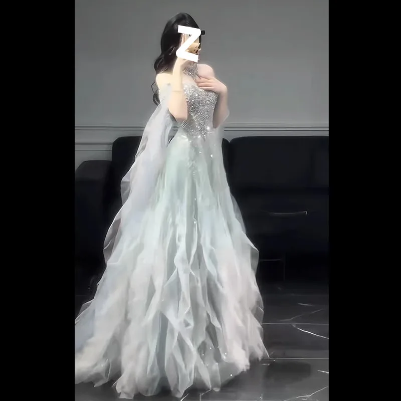 Nuovo abito da sera senza spalline con spalle scoperte azzurro di lusso di fascia alta per cerimonia di laurea, compleanno, ballo di fine anno per adulti