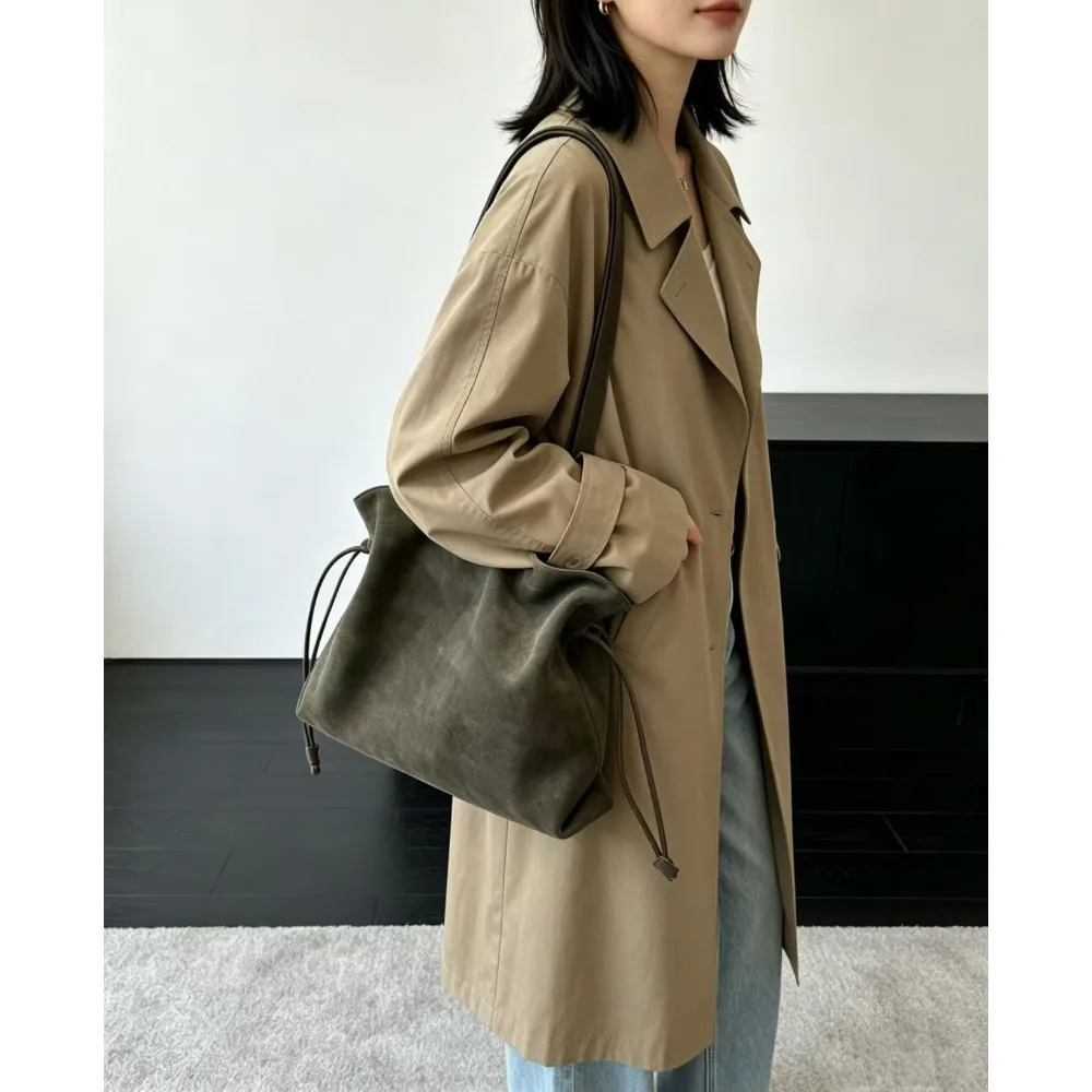 Vintage Drawstring Lucky Bag Tote Bag Matte Cowhide Large Capacity Unique FashionShoulder Texture  Simple Commuter Underarm