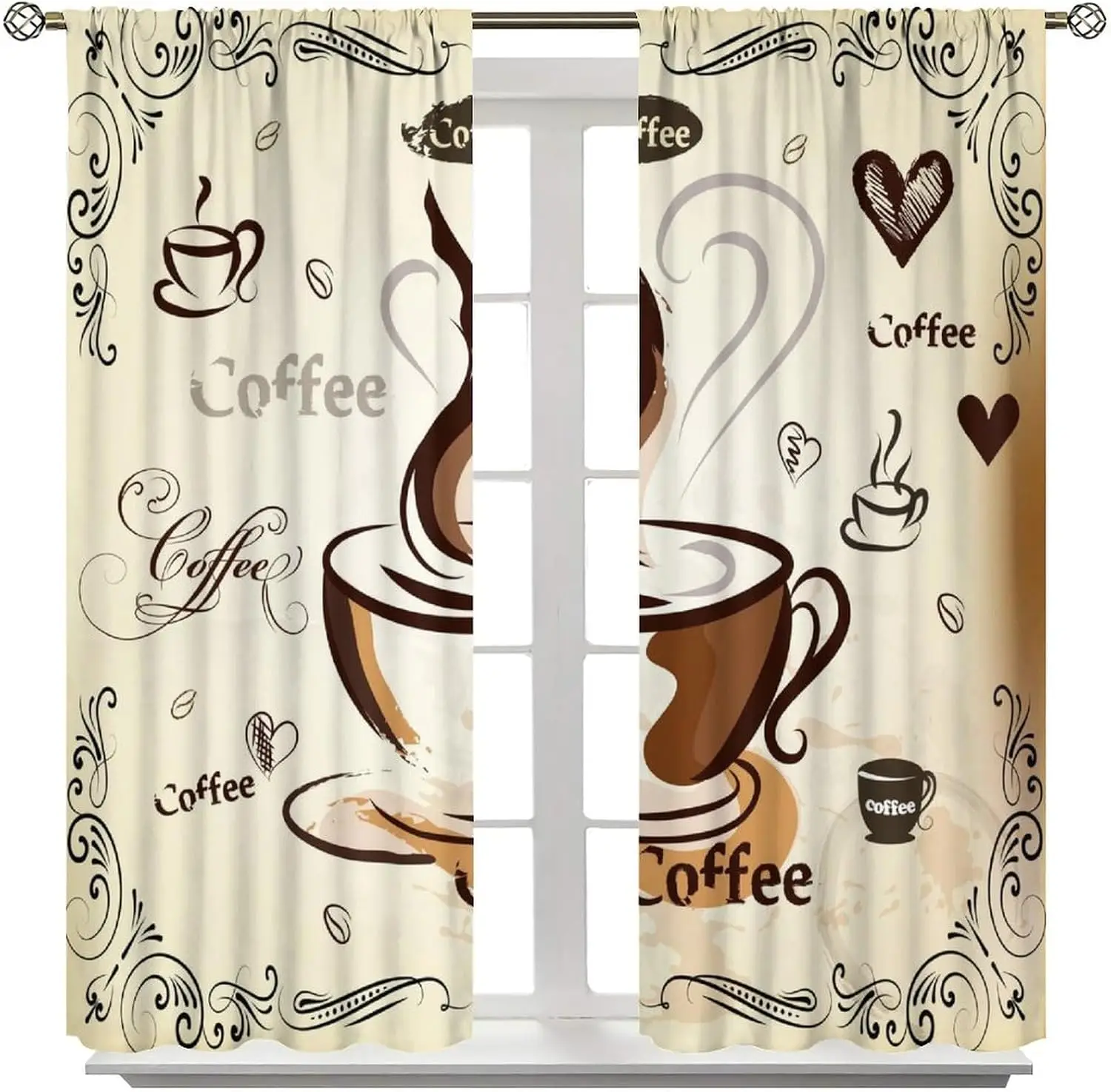 Classic Border Sketch Coffee Curtain Panels, Large Central Coffee Cup Swirl Edge Text Love Heart Drapes for Nook