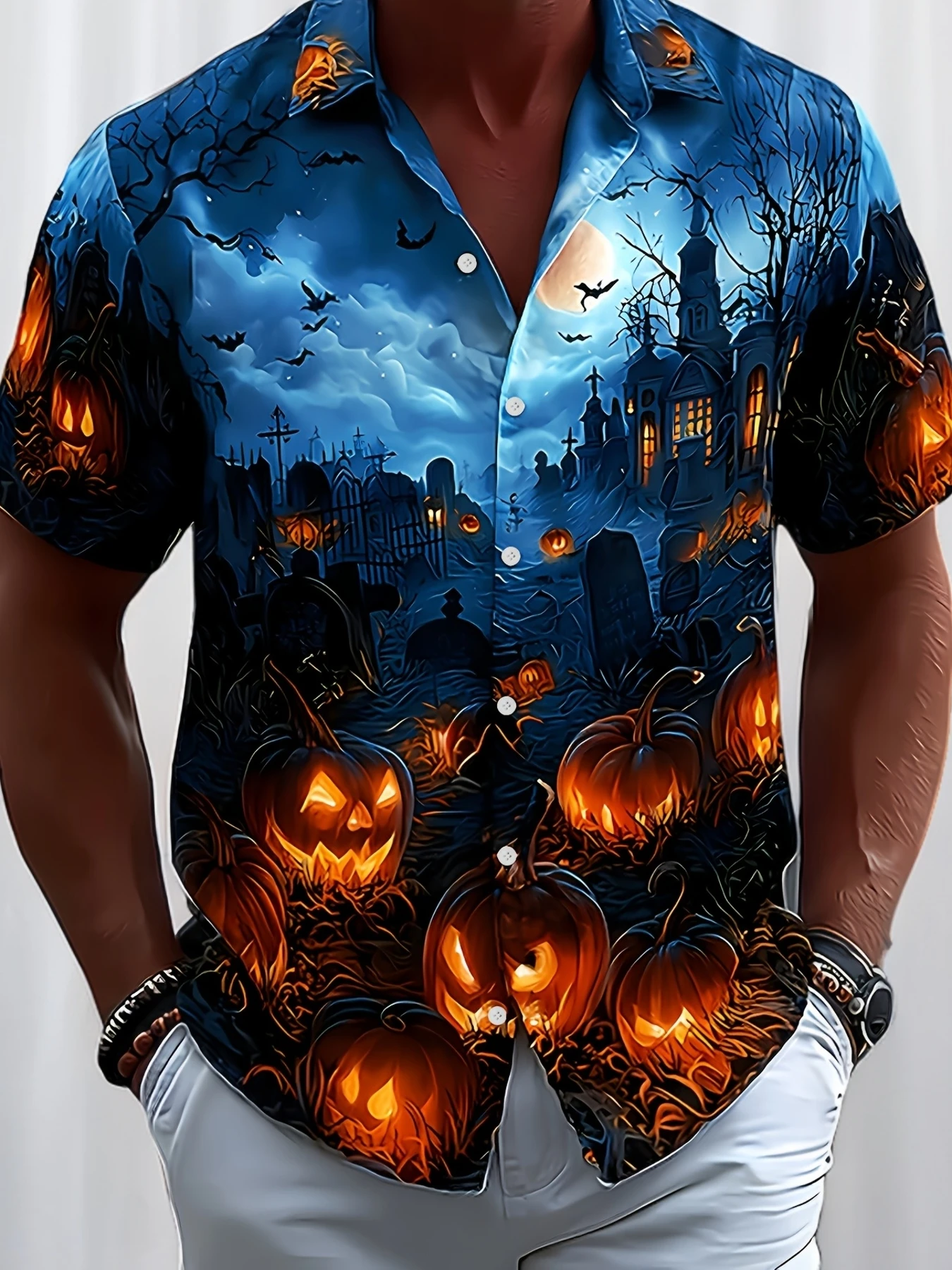 Men's Halloween Night Graveyard Pumpkin Lantern Bat Scene Print Short Sleeve Camp Collar Shirt Spooky Party Casual Top
