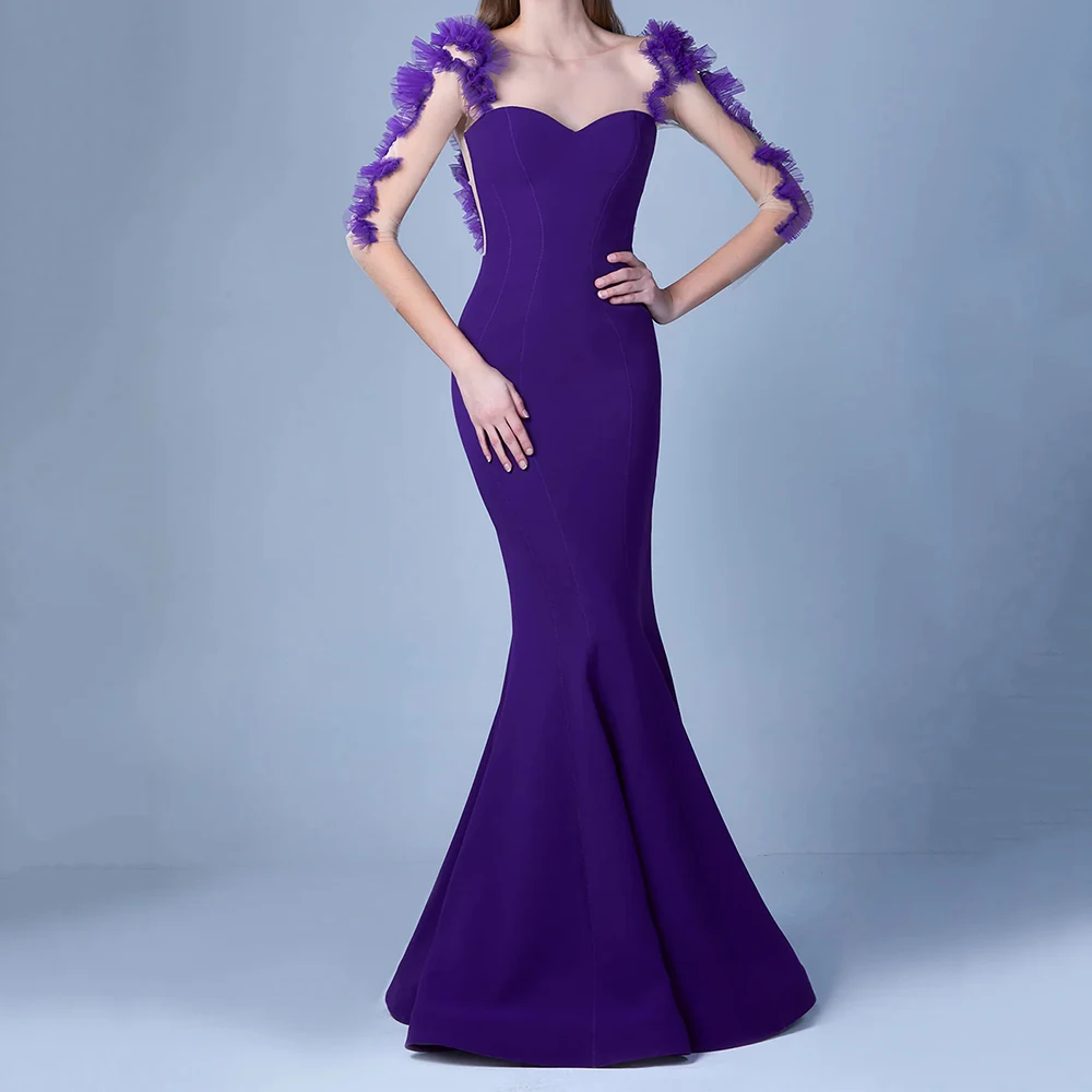 

Customized Mermaid Evening Dresses Floor-length Scoop-neck Full Sleeve Prom Gown Fashion Ruched Simple Draped Party Gown