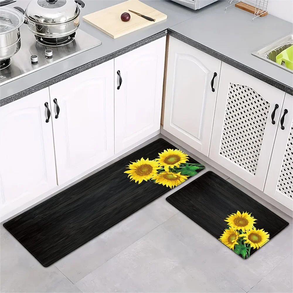 Wooden kitchen mat with sunflower design, suitable for living rooms, bathroom sinks, laundry rooms, and office decor