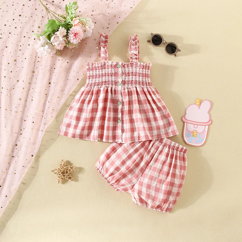 (0-3 Years Old Girls) Summer New Baby Girls Casual Suit Two-Piece Halter Pleated Top + Lantern Shorts Plaid Floral Buttons