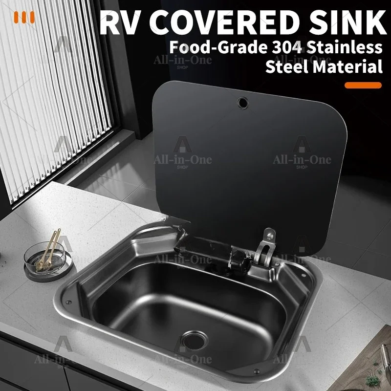 420mm Square Stainless Steel RV Sink with Faucet & Tempered Glass Cover, Kitchen Accessories for RV Caravan Camper