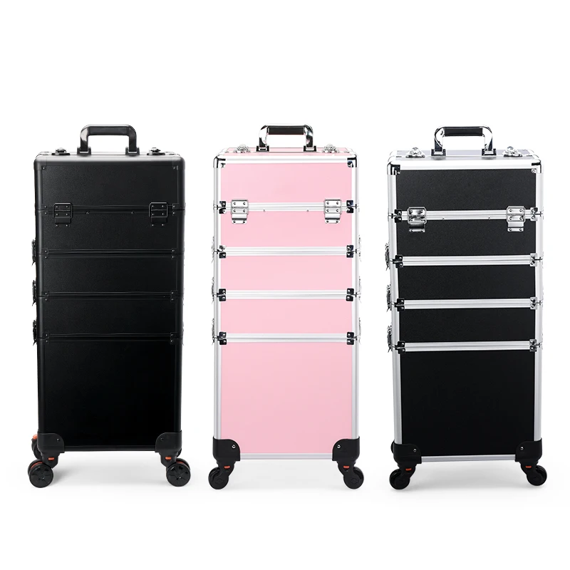 Rolling Makeup Train Case Large Capacity Cosmetic Trolley, 4 in 1 Aluminum Professional Salon Travel Case with Key Swivel Wheels