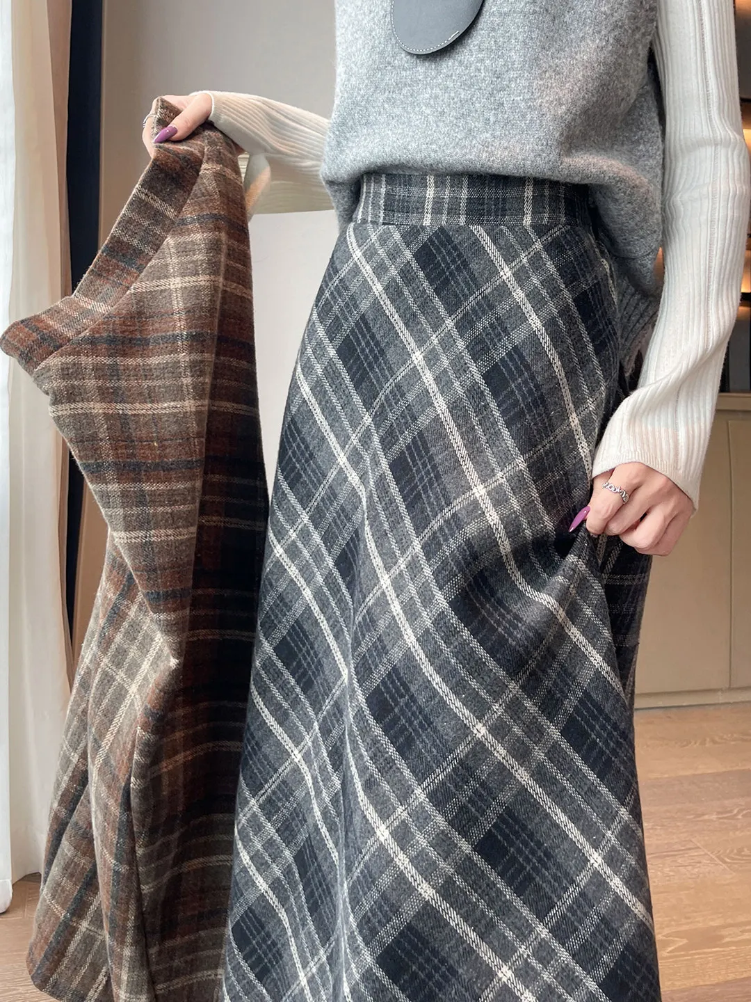 الكاكي منقوشة Thiened الشتاء الصوف عالية الخصر ألف خط تنورة المرأة تنورة طويلة Ele نمط مائل بوت تنورة