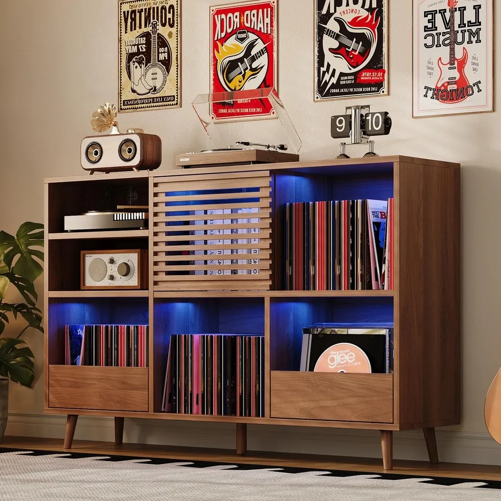 Large Record Player Stand with 2 Drawers Mid Century Modern Walnut